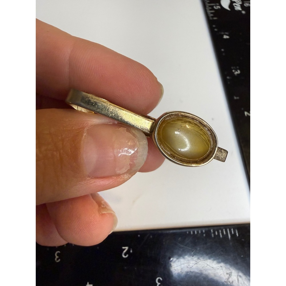 Vintage Gold Tone Tie Clip Amber Oval Cabochon Stone Mid Century Mens Jewelry